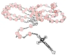 ライトピンク クリスタルビーズ ロザリオ カトリック ネックレス 神聖な土 メダル 十字架 