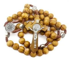Nazareth Store (ナザレスストア) 木製ビーズ ロザリオネックレス 聖ベネディクトメダル/カトリック教の十字架 宗教的な祈り 小ロザリオ 1連 ハンドメイド - ベルベットバッグ 