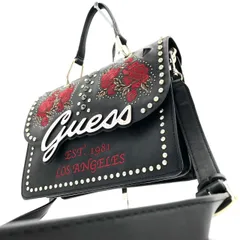 【美品】GUESS ゲス 2WAYショルダーバッグ 黒 スタッズ ローズ刺繍