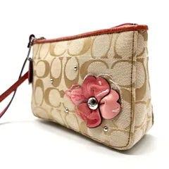 【良品】 COACH コーチ ハンドバッグ  ポーチ クラッチバッグ キャンバス レザー 革 キーホルダー レッド 赤色 ベージュ 肌色 シグネチャー ユニセックス 男女兼用 メンズ レディース