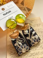 174≫アルコールインクアート【nara】2wayインド刺繍リボンタッセルピアス