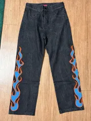 ブラックデニム 炎 ズボン