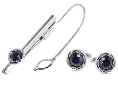 【数量限定】メンズ ブルーサンドストーン ステンレス カフスボタン&タイピンセット 17mm ラウンドデザイン ビジネス Rockyu フォーマル ギフトセット