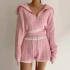 新品/迅速発送 しっかり素材 ピンク ケーブル編み ジャージニット 半袖 上下セット