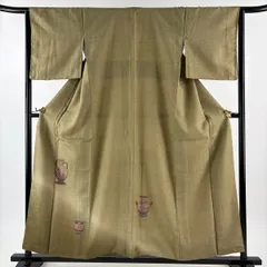 【美品】 付下げ 身丈157.5cm 裄丈64cm M 袷 器物 人物 相良刺繍 刺繍 茶緑色 正絹 秀品 【中古】