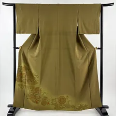 【美品】 付下げ 身丈161cm 裄丈63.5cm S 袷 鳥 華文 刺繍 ぼかし 茶緑色 正絹 秀品 【中古】