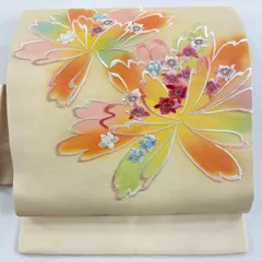 名古屋帯 秀品 花 刺繍 銀糸 クリーム 正絹 【中古】