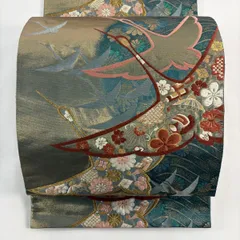 袋帯 秀品 鶴 草花 唐織 金糸 金色 全通 正絹 【中古】