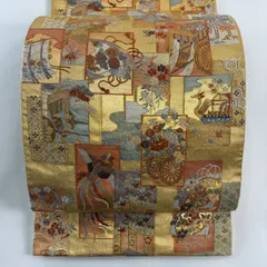 袋帯 秀品 短冊 花鳥 金糸 箔 金色 六通 正絹 【中古】