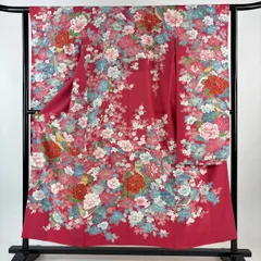 振袖 身丈153cm 裄丈62.5cm S 袷 鳥 牡丹 金彩 濃ピンク 正絹 秀品 【中古】