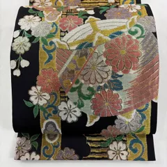 【美品】 袋帯 秀品 糸巻き 桜 金銀糸 箔 黒 六通 正絹 【中古】