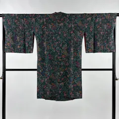【美品】 道行 身丈97cm 裄丈66.5cm M 和装コート 被布衿 草花 鳥 縮緬 深緑 正絹 秀品 【中古】