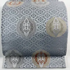 【美品】 袋帯 秀品 向鳥 花唐草 青灰色 六通 正絹 【中古】