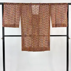 【美品】 道行 身丈97cm 裄丈65.5cm M 和装コート 角衿 証紙 幾何学模様 赤茶 正絹 名品 【中古】