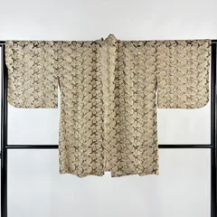 【美品】 道中着 身丈81.5cm 裄丈66cm M 和装コート 葉と実 刺繍 ベージュ 化繊 名品 【中古】