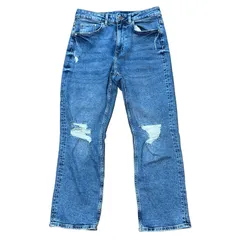 H&M &DENIM クロップド ブーツカットデニム ダメージ加工 ストレッチ ブルー サイズ38 レディースL エイチアンドエム