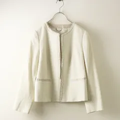 美品 大きいサイズ オンワード 23区 ライトシャインツイード ノーカラー ジャケット 44 ホワイト┃ブレード装飾 ラメ入【2400014735932】