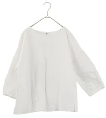 M【白カットソー | UNIQLO / ユニクロ 】ホワイトトップス 七分袖 袖レース 涼しげ 両サイドスリット レース クルーネック トップス 春夏 S312