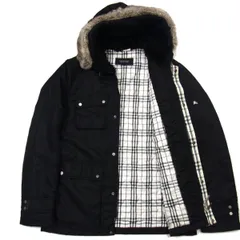☆BURBERRY BLACK LABEL 中綿入り フーデッドジャケット ラビットファー 裏地ノバチェック柄 コート ブラック メンズ ミリタリージャケット
