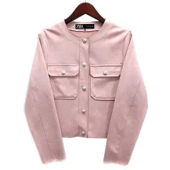 ザラ ZARA フェイクスウェード ノーカラー ジャケット イカリボタン ピンク S 3046/036/622