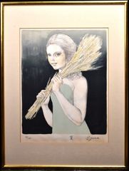 藤田嗣治、【朝の買物】、希少画集画、新品高級額・額装付、状態良好