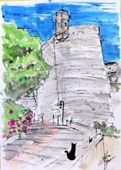 原画#49 モナコ 黒猫 猫 水彩画 ドローイング インテリア アート