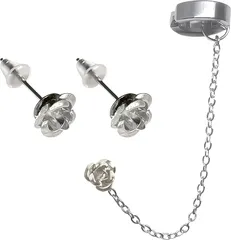 uz alotfactory ローズ 薔薇ピアス チェーンピアス 両耳用 3個セットバラ スタッド イヤーカフ メンズ レディース ステンレス アクセサリー (シルバー,  小)