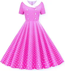 【こもれび屋】 レディースワンピース 水玉半袖 Aライン 膝丈 ドレス レトロワンピース ロカビリーコスプレ (ピンク,  XL)