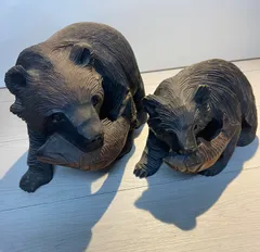 【送料無料】中古　木彫り 熊 魚付き　2点　インテリア　置物 彫刻