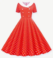 【こもれび屋】 レディースワンピース 水玉半袖 Aライン 膝丈 ドレス レトロワンピース ロカビリーコスプレ (レッド,  M)