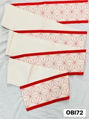 【帯】半幅帯　綿　刺子　麻の葉模様　鱗柄　白×赤　着物　和装　OBI 72