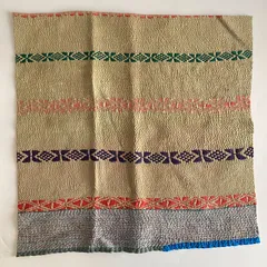 3492 ラリーキルト カンタキルト オールドファブリック ハギレ インド イエロー 刺繍 ステッチ 手仕事 1点物 リバーシブル 50×50 送料無料 おまとめ割引