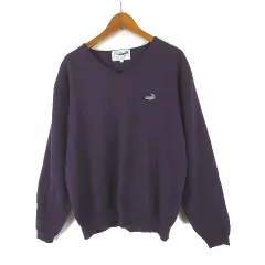 クロコダイル CROCODILE ニット セーター ストレッチ ウール ロゴ 刺繍 Vネック 長袖 LL 紫 パープル 大きいサイズ