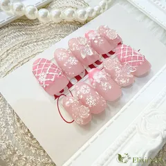 【現品】ネイルチップ　雪の結晶　ピンク　マット　チェック柄