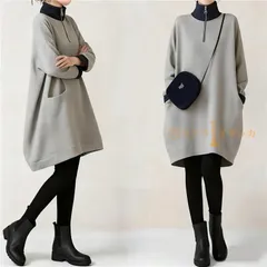 トレーナーバイカラー 未使用 レディース秋物きれいめ ハイネック 膝上下ワンピース チュニック 長袖 秋冬 大人可愛い ポケット カジュアル ジップ付き プルオーバー weixz245
