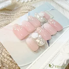 【現品】ネイルチップ　ピンク　シルバー　薔薇　埋め尽くし