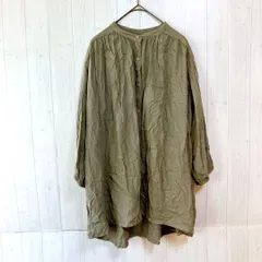 【手洗いOK！】7分袖チュニックシャツ　バンドカラー　カーキ系　L　レーヨン