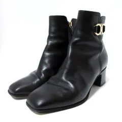 美品 Salvatore Ferragamo サルヴァトーレフェラガモ レザー ガンチーニ スクエアトゥ ショートブーツ サイズ5 約22.5cm ブラック レディース 古着 中古 USED