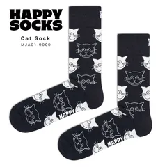 【新品・未使用】 ソックス レディース メンズ ユニセックス happy socks ハッピーソックス 靴下 プレゼント おしゃれ クルー丈 くつ下 可愛い 綿混 アニマル柄 キャット 猫 総柄 ブラック 黒 ギフト 誕生日 10251509-98-MR