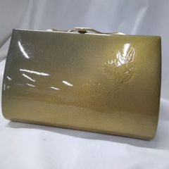 美品】和装バッグ フォーマル 金 無地 網代織風 二枚貝 自立式