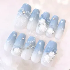 No.102オーダー♡量産型ワンホン韓国フレンチガーリーバラローズネイルチップ リボンハート