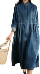 Over the moon デニムワンピース レディース 長袖 デニムシャツワンピース マタニティ チュニック 着痩せ 40代 無地 秋 (ブルー,  M)