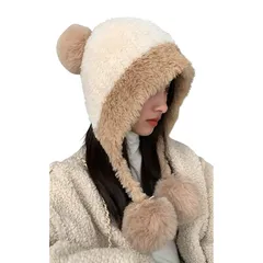 【新品】 [Lamerry] ニット帽 ポンポン 耳当て付き 帽子 スノボ スキー 可愛い 韓国 y2k ギャル サブカル系 紐付き ニットキャップ 防寒 白 レディース ホワイト 1