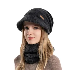 【新品】 [ZVCXOE] ニット帽 ネックウォーマー レディース 秋冬 なつば付きニットキャップ 裏起毛 ハット帽 肌に優しい 防寒防風 保温 柔らかい 小顔効果 ビーニーハット スキー スノボー 自転車 通勤通学 登山 頭囲55-60 CM ブラック 1