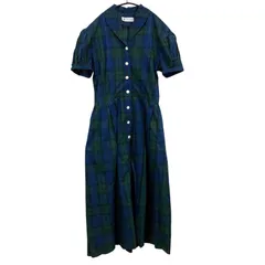 OG30 YORKLAND ヨークランド 半袖 チェック シャツワンピース レディース サイズ9号 肩パッドあり レトロ ヴィンテージ