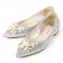 美品 miu miu ミュウミュウ パール スタッズ ポインテッドトゥ グリッターパンプス サイズ35 約22cm シルバーカラー レディース 古着 中古 USED