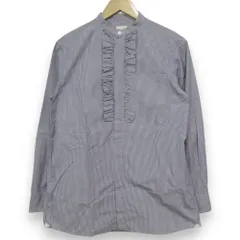 美品 21SS Drawer ドゥロワー コットンストライプフリルスタンドカラーシャツ ブラウス サイズ38 グレー×ホワイト レディース 古着 中古 USED