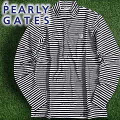 PEARLY GATES パーリーゲイツ ゴルフ 起毛ベア天 ロゴボーダー柄 総柄 ストレッチ モックネック 長袖 カットソー インナーシャツ ゴルフウェア 053-2266105 定価1.8万 ネイビー ホワイト  ▲021▼50910w11