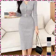 送料無料 リブニットタイトワンピースウエストベルト 膝丈ニットワンピース 細見えセクシーワンピ スリムフィット ハイウエストロングワンピ 韓国風 おしゃれニットドレス 秋冬 ウエストマーク上品 オフィスカジュアル リブ編みワンピ無地