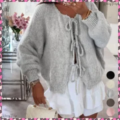 送料無料 リボンカーディガン前後2WAYニット春秋 ドロップショルダーニット レディース きれいめニットトップスゆったり 大人可愛いニットカーディガン 韓国風ニットアウター 前開きニット羽織り リボンニット着やせ こなれ感ニット人気